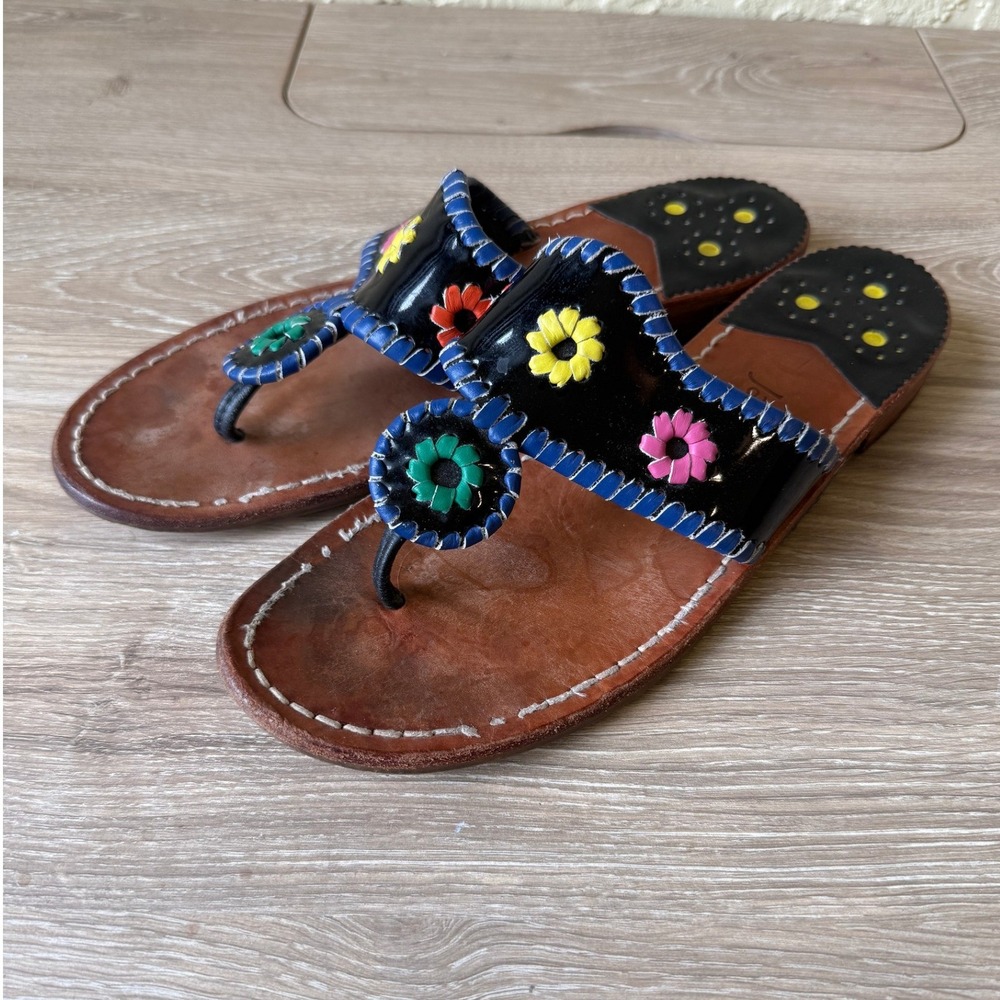 Jack Rogers Navajo Sandals Womens 8 Black Multi Color Floral Whipstitch Leather